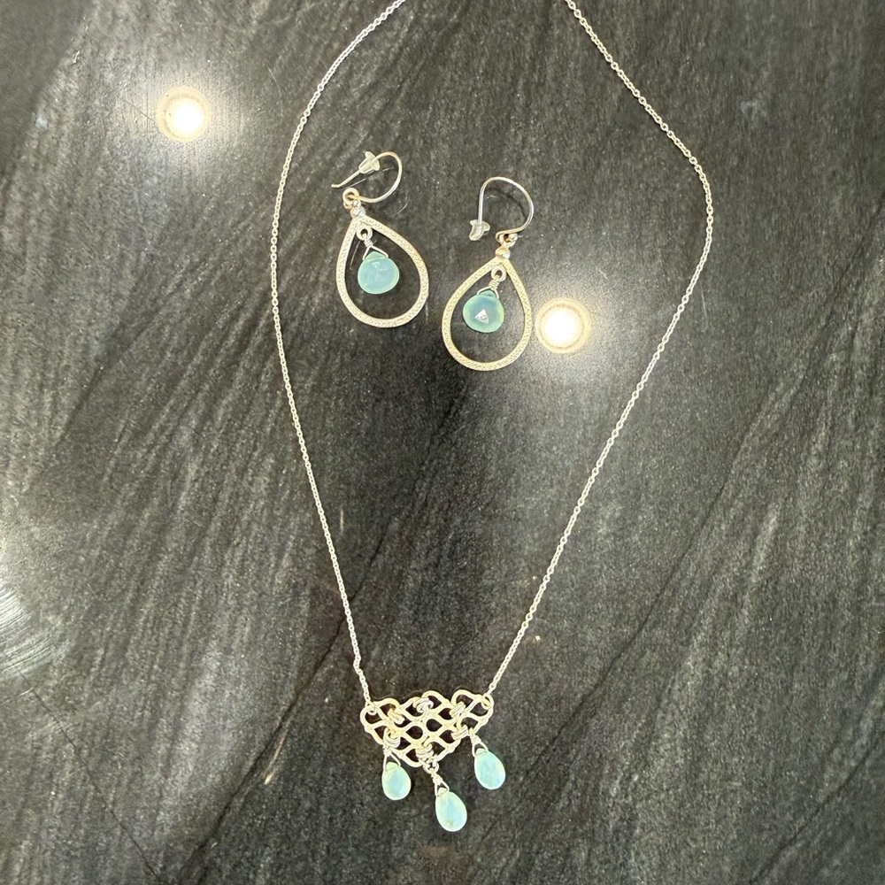 Silver and Blue Teardrop Necklace and Earrings Set